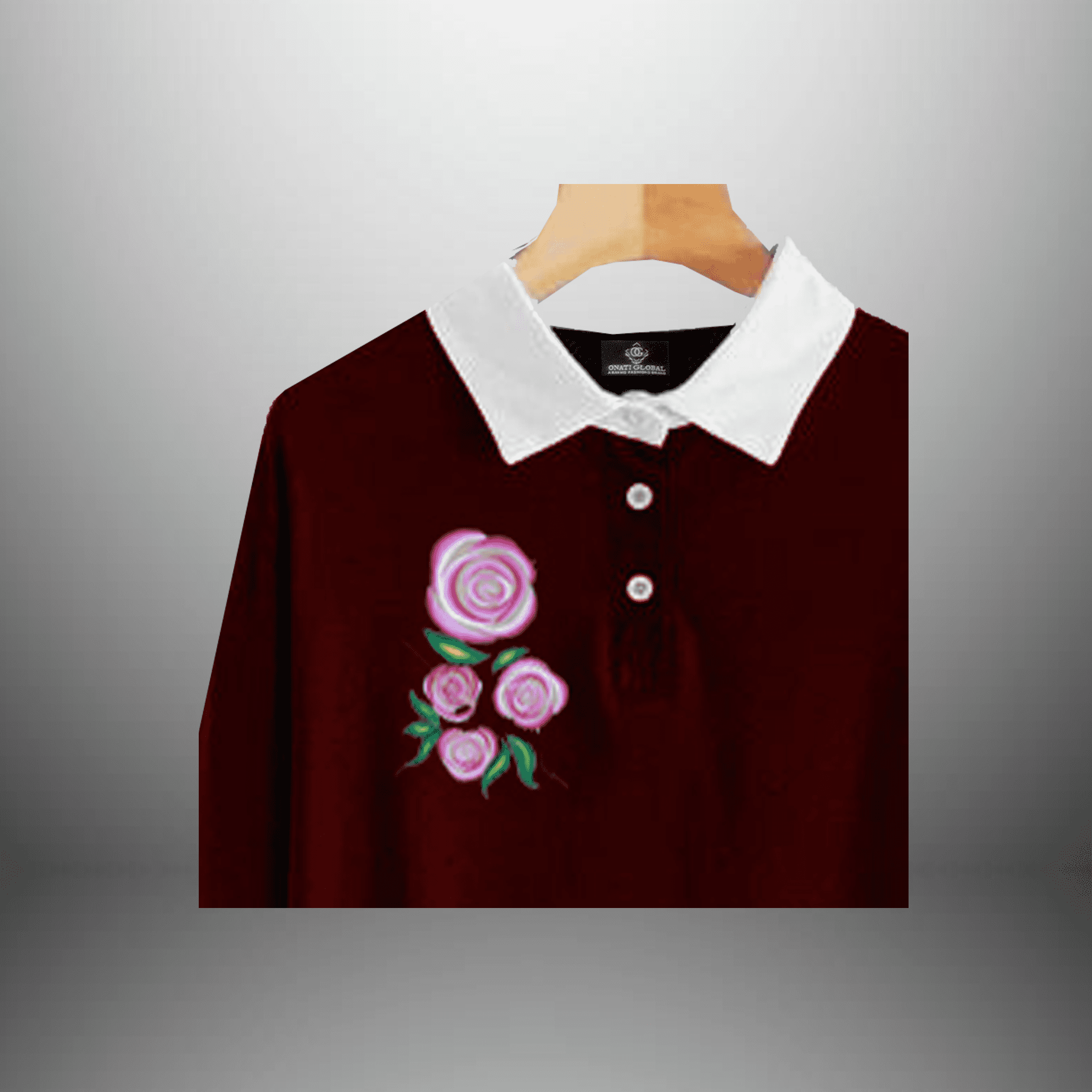 Maroon T-shirt Style Top with White Collar and Rose Embellishment-RCT129
